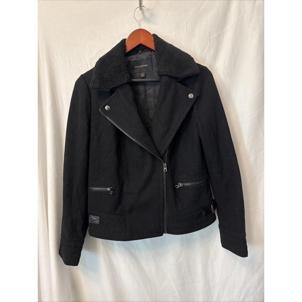 Banana Republic Womens S Black Wool Blend Moto Jacket Sherpa Collar Biker Zip
